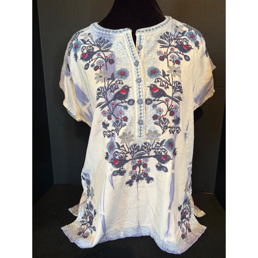 Scully Embroidered Bird Floral Henley Blouse Top Tie Dye Short Sleeve Womens S